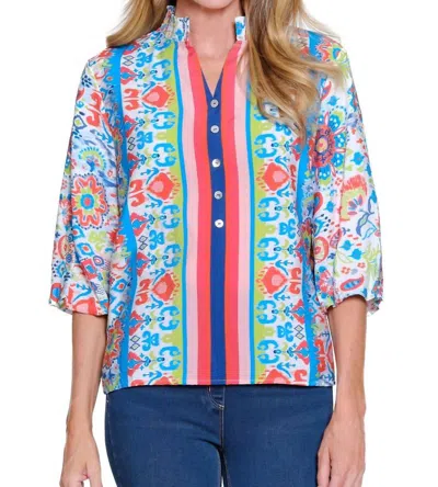 Multiples Coastal Mosaic Puff Sleeve Top In Multi In Blue