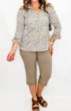 Multiples Collared Three Quarter Sleeve Top In Stone & White In Neutral