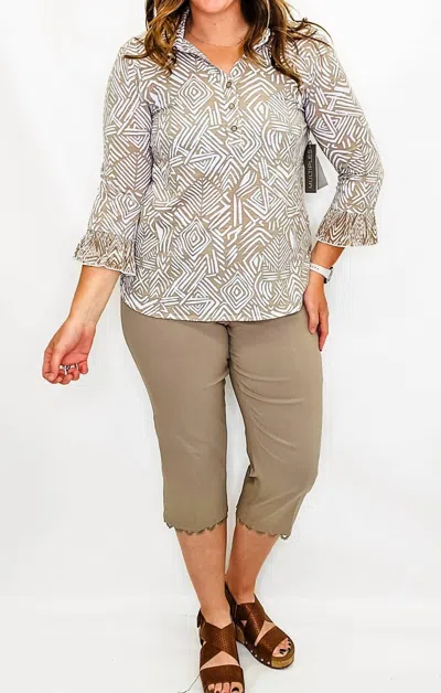 Multiples Collared Three Quarter Sleeve Top In Stone & White In Neutral