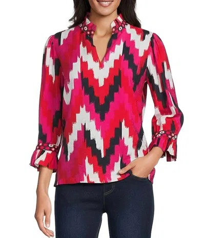 Multiples Cuffed 3/4 Flounce Sleeve Ruffle Neck Top In Multicolor