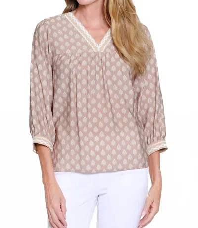 Multiples Cuffed 3/4 Sleeve Banded V-neck Top In Khaki In Neutral