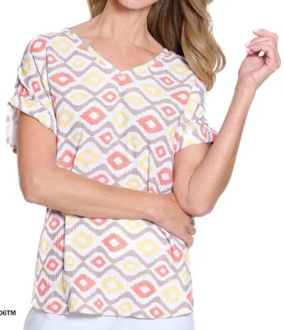 Multiples Cuffed Cap Sleeve Dolman V Neck Crinkle Woven Top In Multi In White