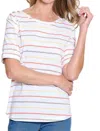 Multiples Cuffed Elbow Sleeve Bateau Stripe Jersey Knit Top In Multi In Multi