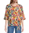 Multiples Cuffed Elbow Sleeve Tie Waist Top In Diamond Multi In Multi