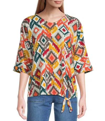 Multiples Cuffed Elbow Sleeve Tie Waist Top In Diamond Multi