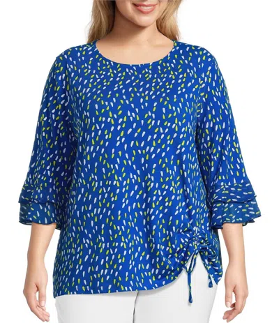 Multiples Dotted 3/4 Flounce Sleeve Top In Blue