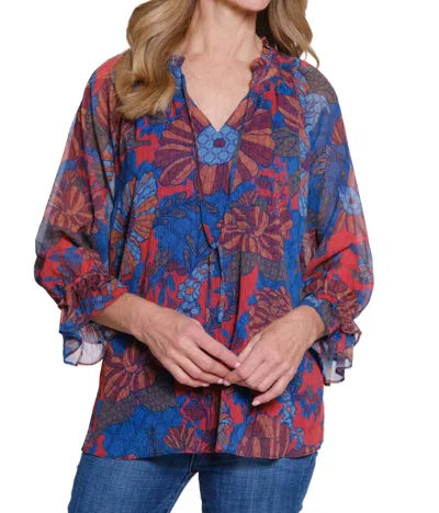 Multiples Double Flounce Raglan 3/4 Sleeve Tie Front Shirred Neck Top In Multi In Blue