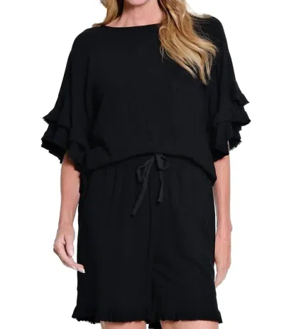 Multiples Double Flounce Raglan Sleeve Fringe Hem Top In Black