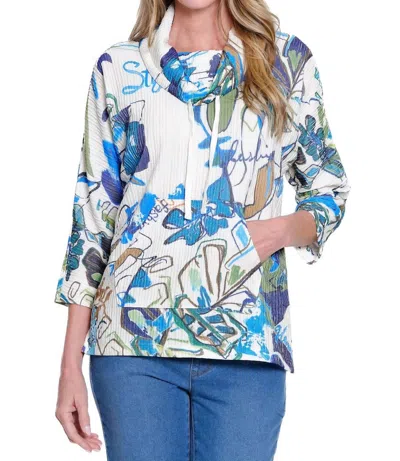 Multiples Drawstring Cowl Neck Print Top In Ivory Mix In Multi