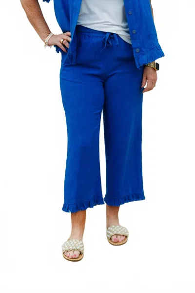 Multiples Drawstring Elastic Waist Front Pocket Solid Crop Pants In Blue