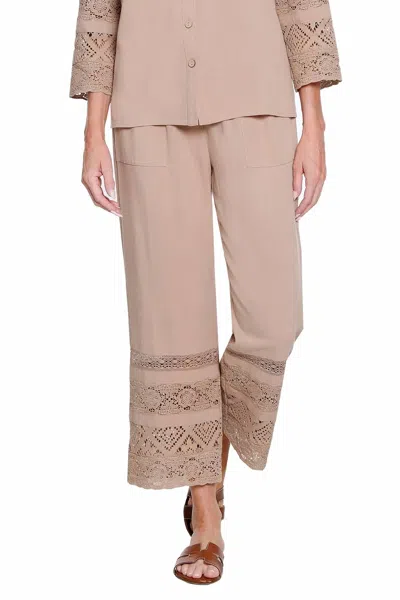Multiples Drawstring Elastic Waist Pants With Lace Trim In Khaki In Green