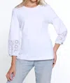MULTIPLES DRAWSTRING EYELET SLEEVE TOP IN WHITE