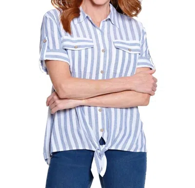 Multiples Drop Shoulder Tie Waist Button Front Shirt In Cadet Blue In Black