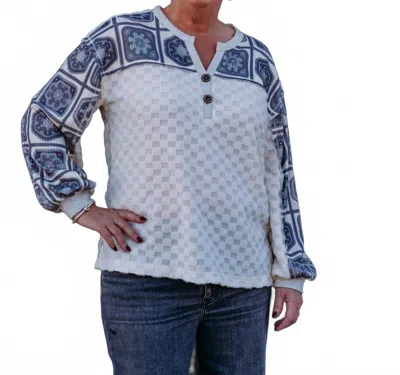Multiples Drop Shoulder Y-neck Top In Snow Leopard In Blue