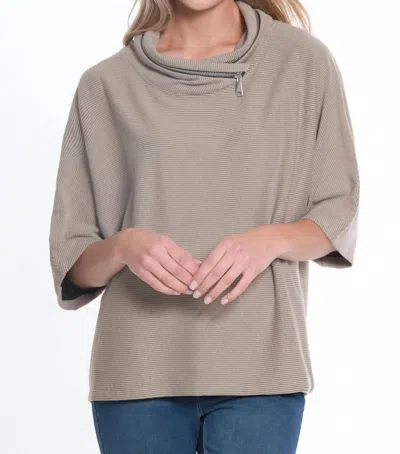 Multiples Elbow Dolman Sleeve Zip Cowl Collar Hi-lo Top In Stone