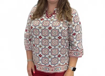 Multiples Embroidered Flare Sleeve Woven Top In Boho Cream Burgundy In Red