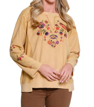 Multiples Embroidered Garment Dyed Sweatshirt In Gold In Brown