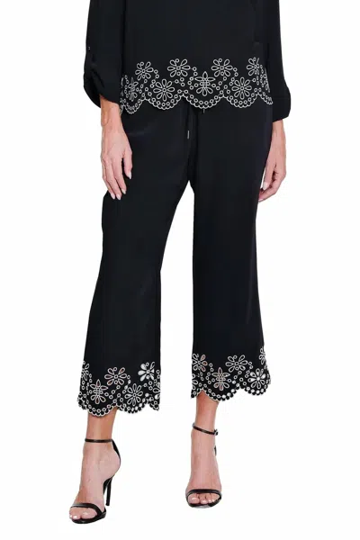 Multiples Embroidered Hem Wide Leg Crop Pant In Black