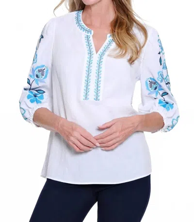 Multiples Embroidered Notch-neck Woven Top In Multi In White