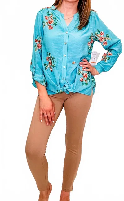Multiples Floral Button Up Top In Bright Turquoise In Blue