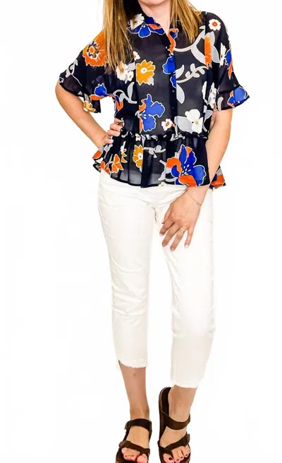 Multiples Floral Peplum Top In Navy In Blue