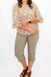 Multiples Flower Three Quarter Sleeve Top In Melon And Stone In Brown