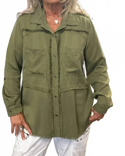 Multiples Fringe Button Down Shirt In Moss Green