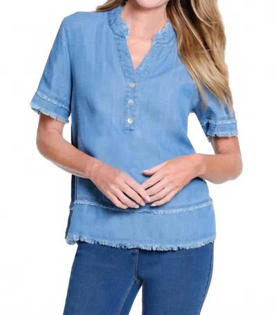 Multiples Fringe Hem Blouse In Light Indigo In Blue
