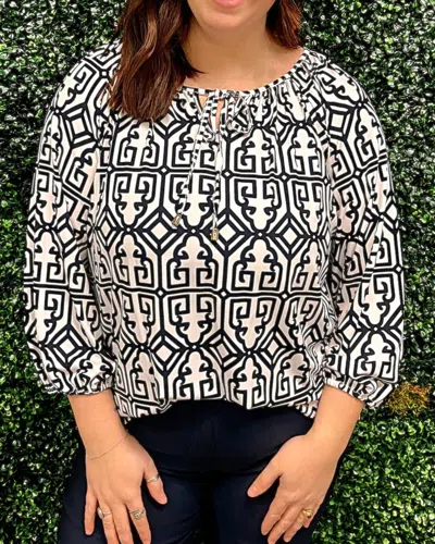 Multiples Geo Print Tie Neck Top In Navy/white