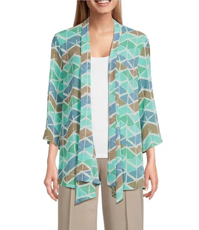 Multiples Georgette Printed 3/4 Sleeve Drapey Open-front Coverup In Multi In Green