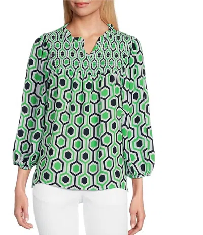 Multiples Hexagon Print Smocked Neck Top In Navy/white/green