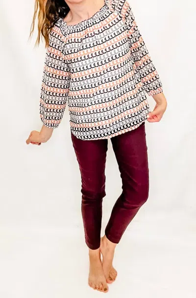 Multiples Knit Elastic Neck Peasant Top In Peach / Eggplant In Multi