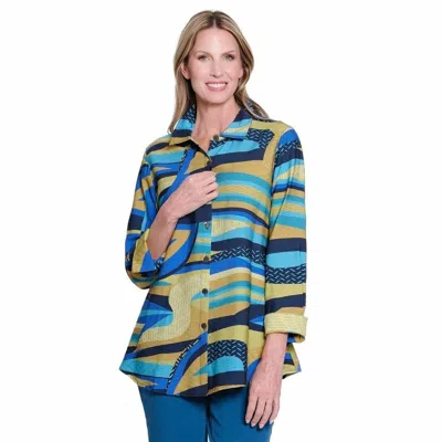 Multiples Long Sleeve Blouse In Turqoise / Gold In Multi