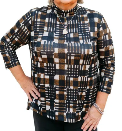 Multiples Long Sleeve Drop Shoulder Mock Neck Print Knit Top With Button Side Hem Vents In Multi