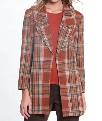 Multiples Open Front Long Plaid Jacket In Multi In Brown