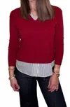 Multiples Long Sleeve Sweater With Ruffled Layer In Crimson In Red