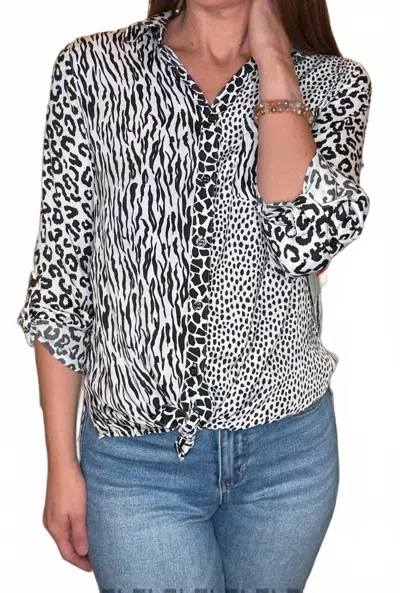 Multiples Multiple Animal Print Tie Front Blouse In Black/ White