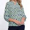 Multiples Ruffle Neck Print Top In Multi In Green