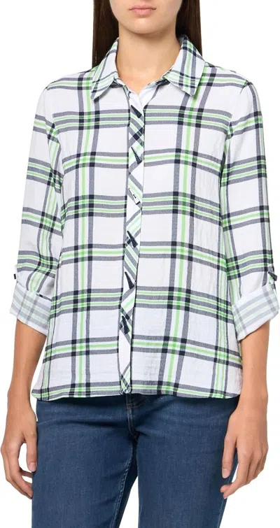 Multiples Plaid Button Down Shirt In Green, Navy, White In Multi