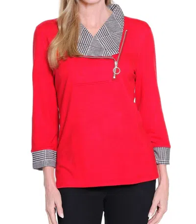 Multiples Plaid Cuffed 3/4 Sleeve Knit Top In Red