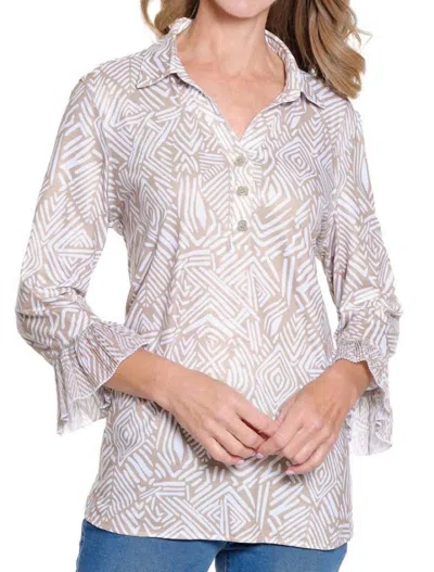 Multiples Pleated Flounce 3/4 Sleeve Pebble Top In Stone In Neutral