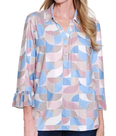 Multiples Pleated Flounce Three Quarter Sleeve Y-neck Collar Pull Over Top In Circles Print In Multi