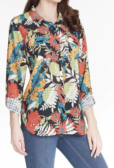 Multiples Print Hi Lo Button Front Blouse In Black Multi