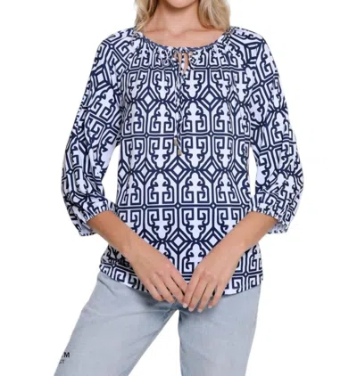 MULTIPLES PRINT PEASANT TOP IN NAVY