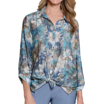 Multiples Printed Crinkle Woven Shirt In Blue Multi