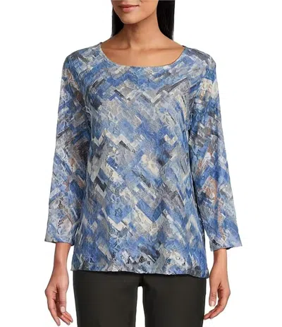 Multiples Printed Scoop Neck Three Quarter Sleeve Fitted Lace Knit Top In Blue In Multi