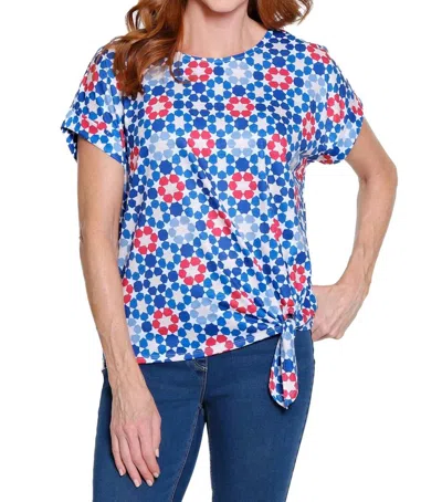 Multiples Printed Slub Knit Top With Tie Waist In Star Multi In Blue