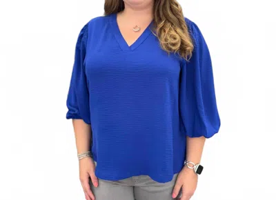Multiples Puff Sleeve Crinkle Woven V-neck Top In Royal Blue