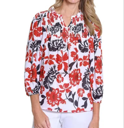 Multiples Puff Sleeve Ruffle Shirred Woven Top In Red Multi