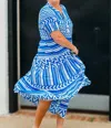 Multiples Puff Sleeve Tie Band Collar Dress With Rib-rac Hem In Blue & White In Blue